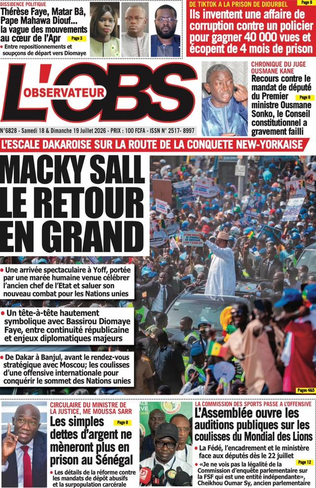 Portada de L'Observateur, 18 de julio de 2026