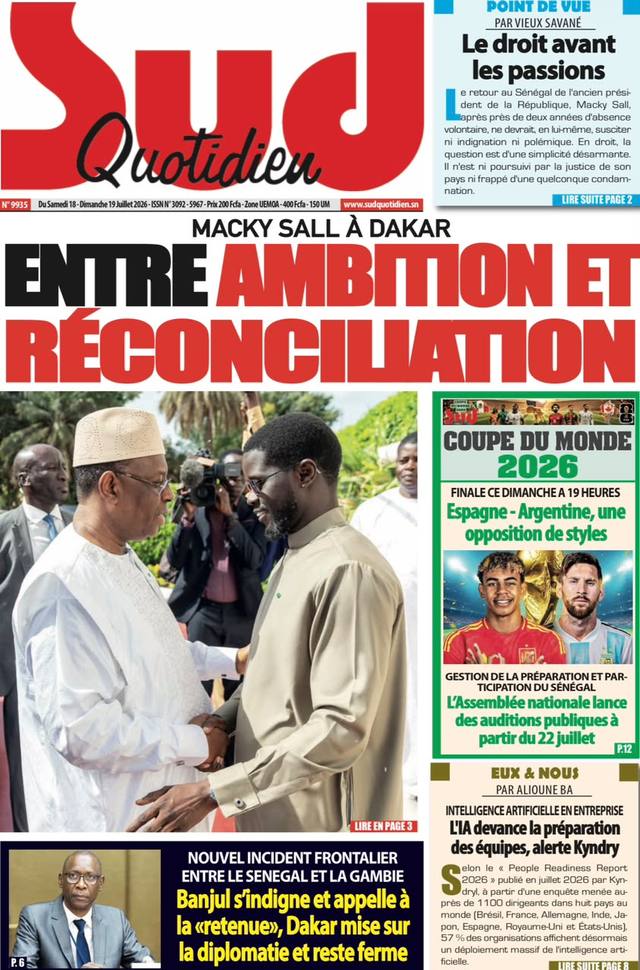 Portada de Sud Quotidien, 18 de julio de 2026